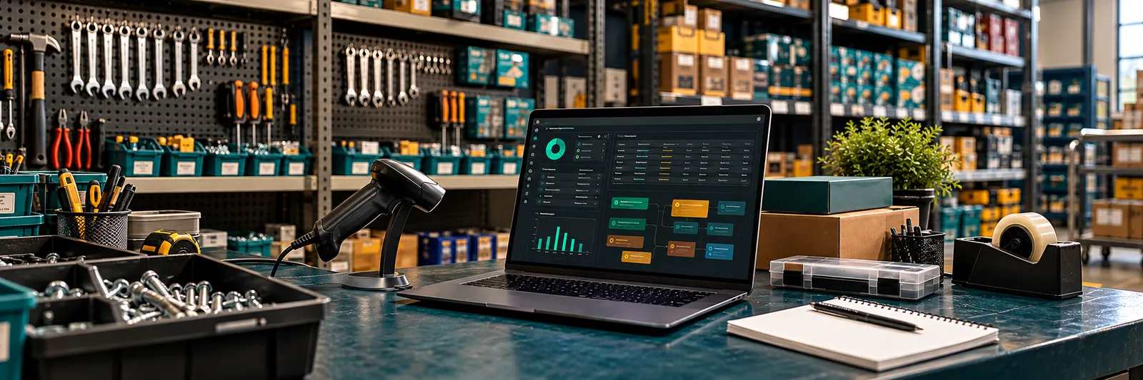 Imagen editorial de inventario y base de datos para ferretería académica.