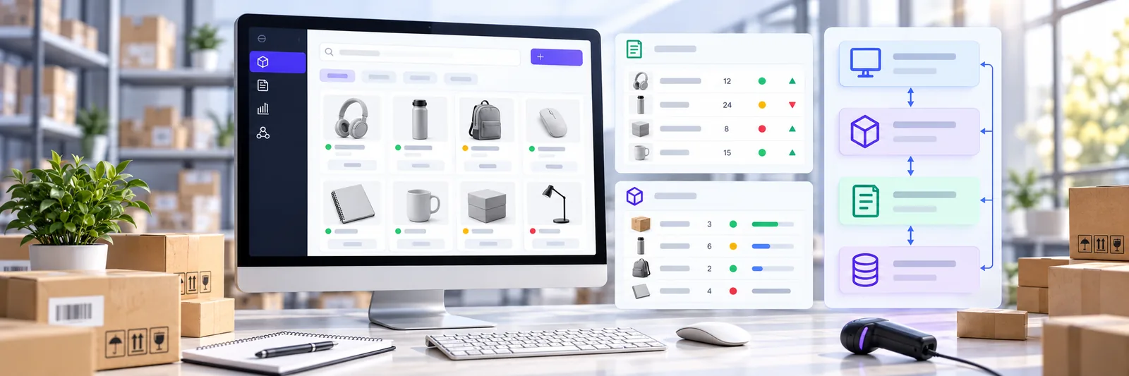 Imagen editorial de una plataforma fullstack para catálogo, inventario y pedidos.